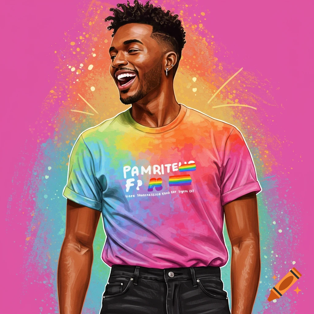 Smiling man in rainbow tie-dye shirt against a pink background, illustration style.