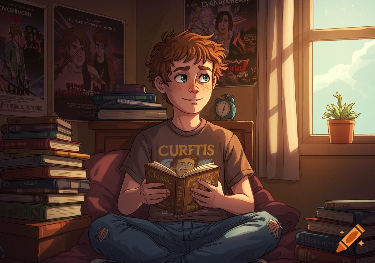 An illustration of a young boy with freckles sitting and reading a book in a room filled with stacks of books and movie posters.