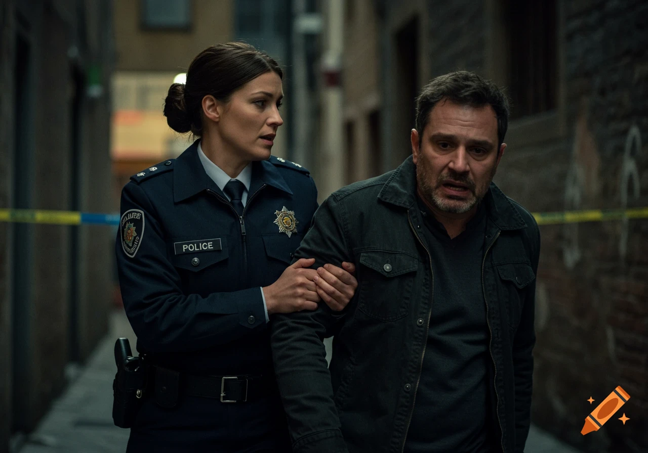 Photorealistic image of a policewoman assisting a man in a dark alley with yellow crime scene tape.