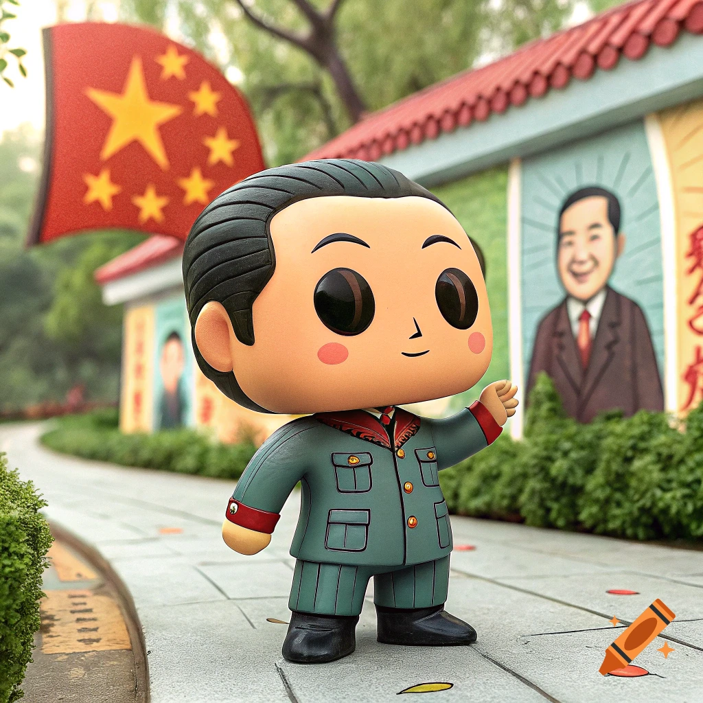 A stylized figure resembling a Funko Pop wears a green military uniform, standing in a park with a Chinese flag and posters.