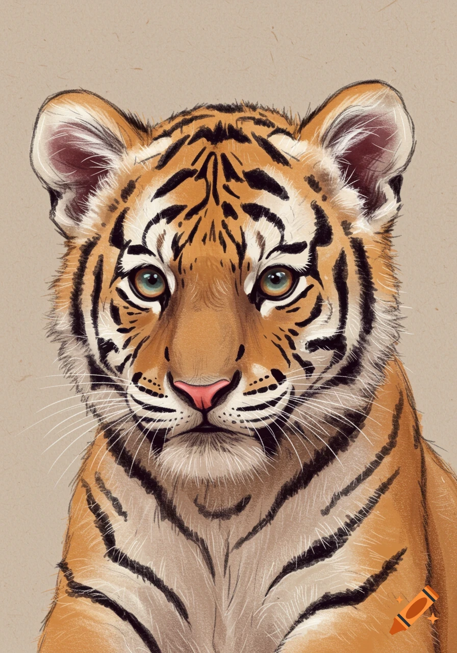 Portrait of a baby tiger in sketch style with dull colors.