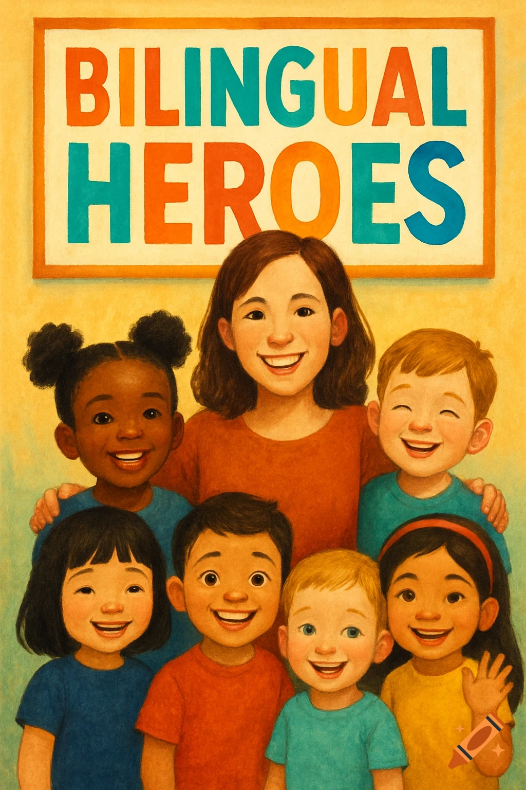 Illustration of a teacher with diverse kindergarten students under a sign that says "Bilingual Heroes".
