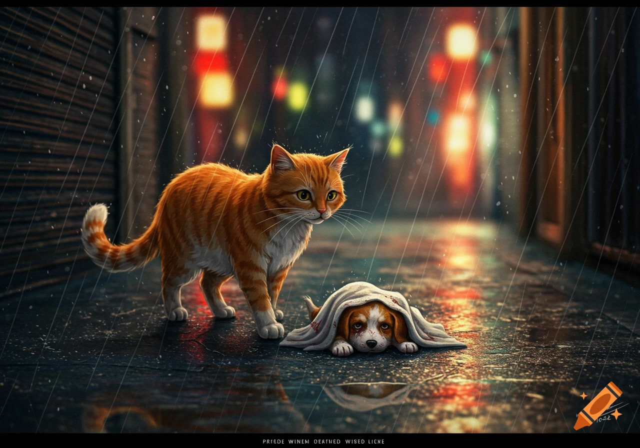 Orange cat looks at a small puppy under a cloth in a rainy alley.