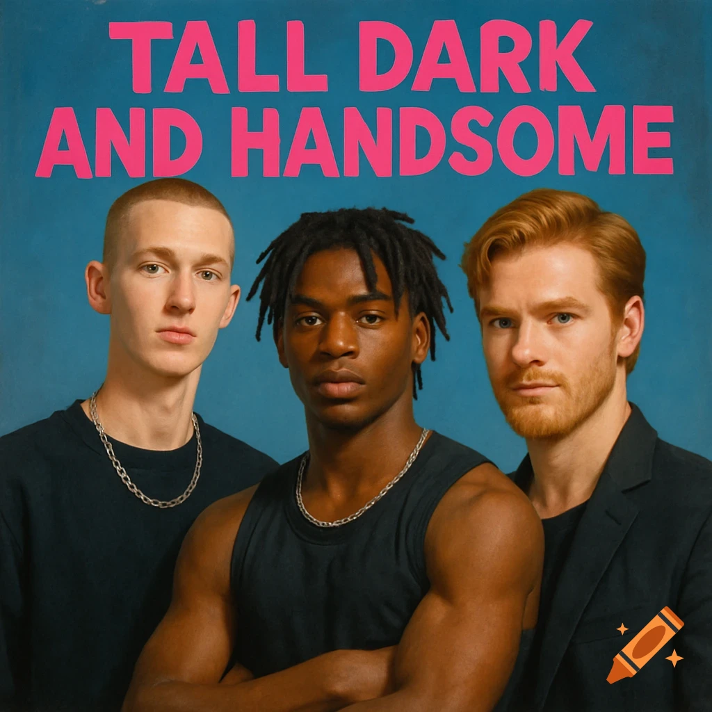 Three men pose for a group photo with the text 'Tall Dark and Handsome' above them on a blue background.