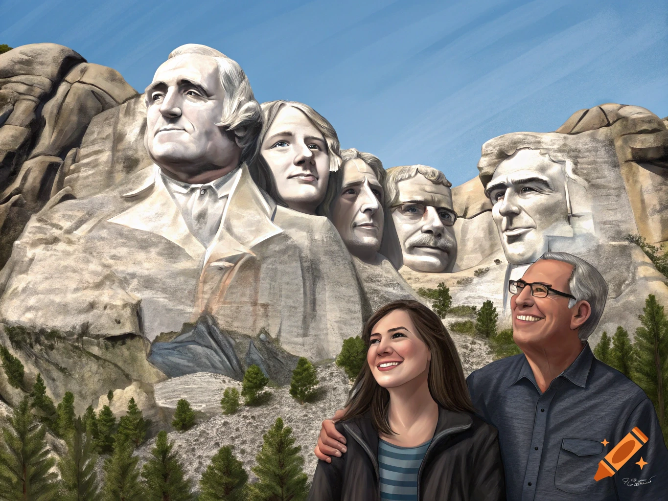 Digital painting of custom faces carved into Mount Rushmore, with two people looking up in the foreground.