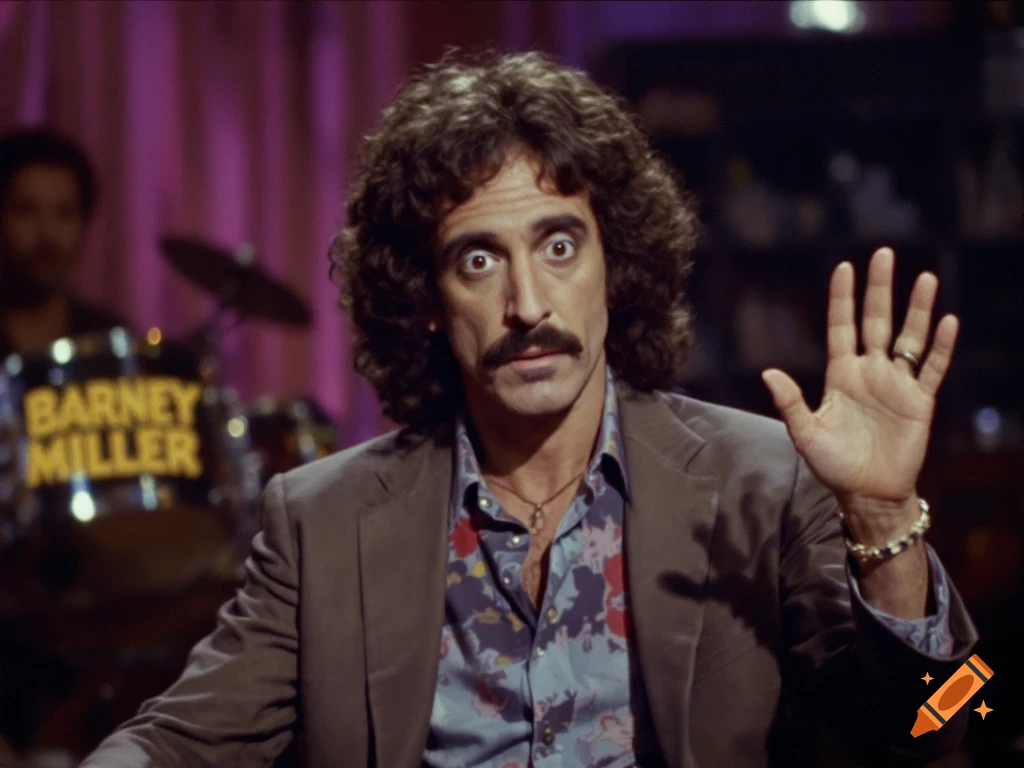 A man with wide eyes and a mustache holds up his hand in a studio with a drum kit labeled 'Barney Miller'.