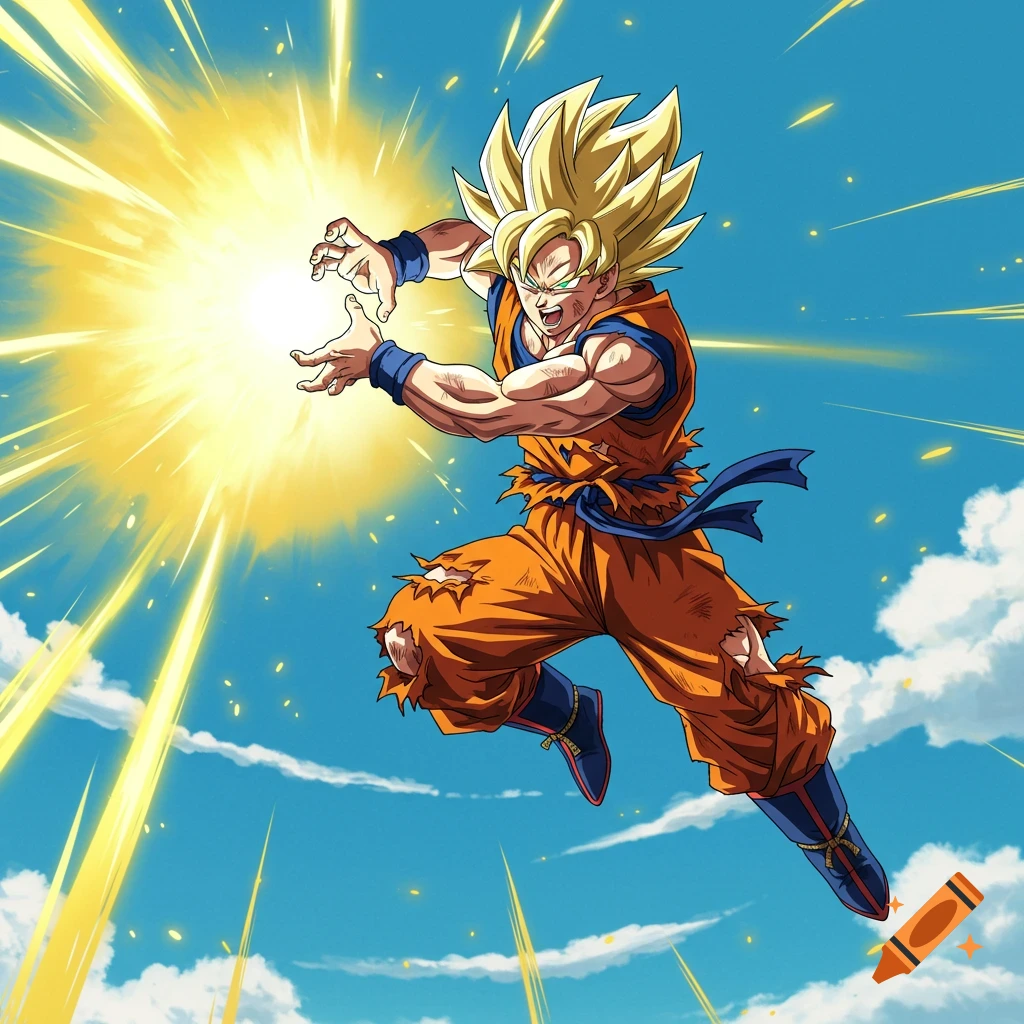 Super Saiyan Goku charging a bright energy blast in the sky, anime style.