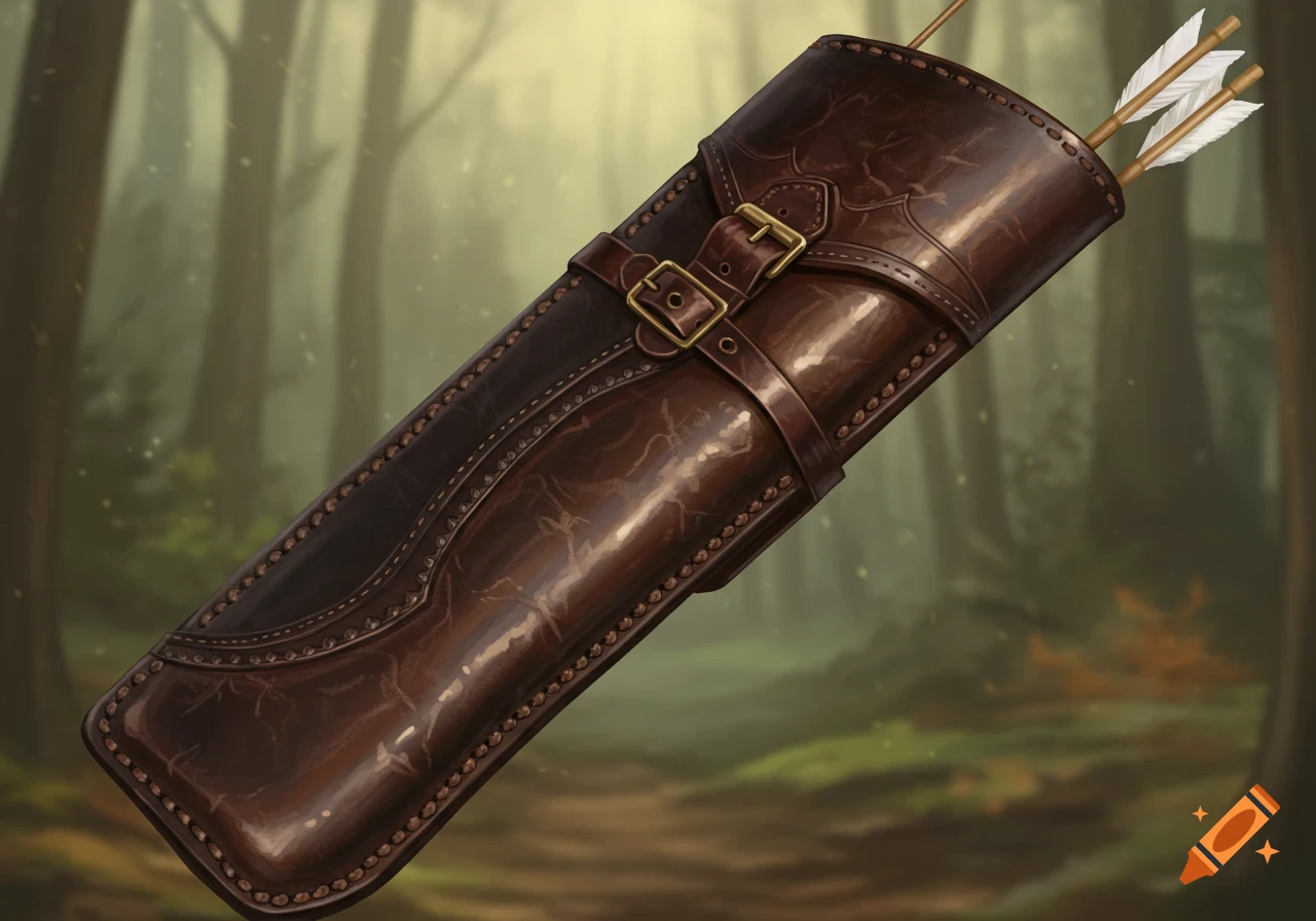 A leather quiver filled with arrows in a blurry forest setting.