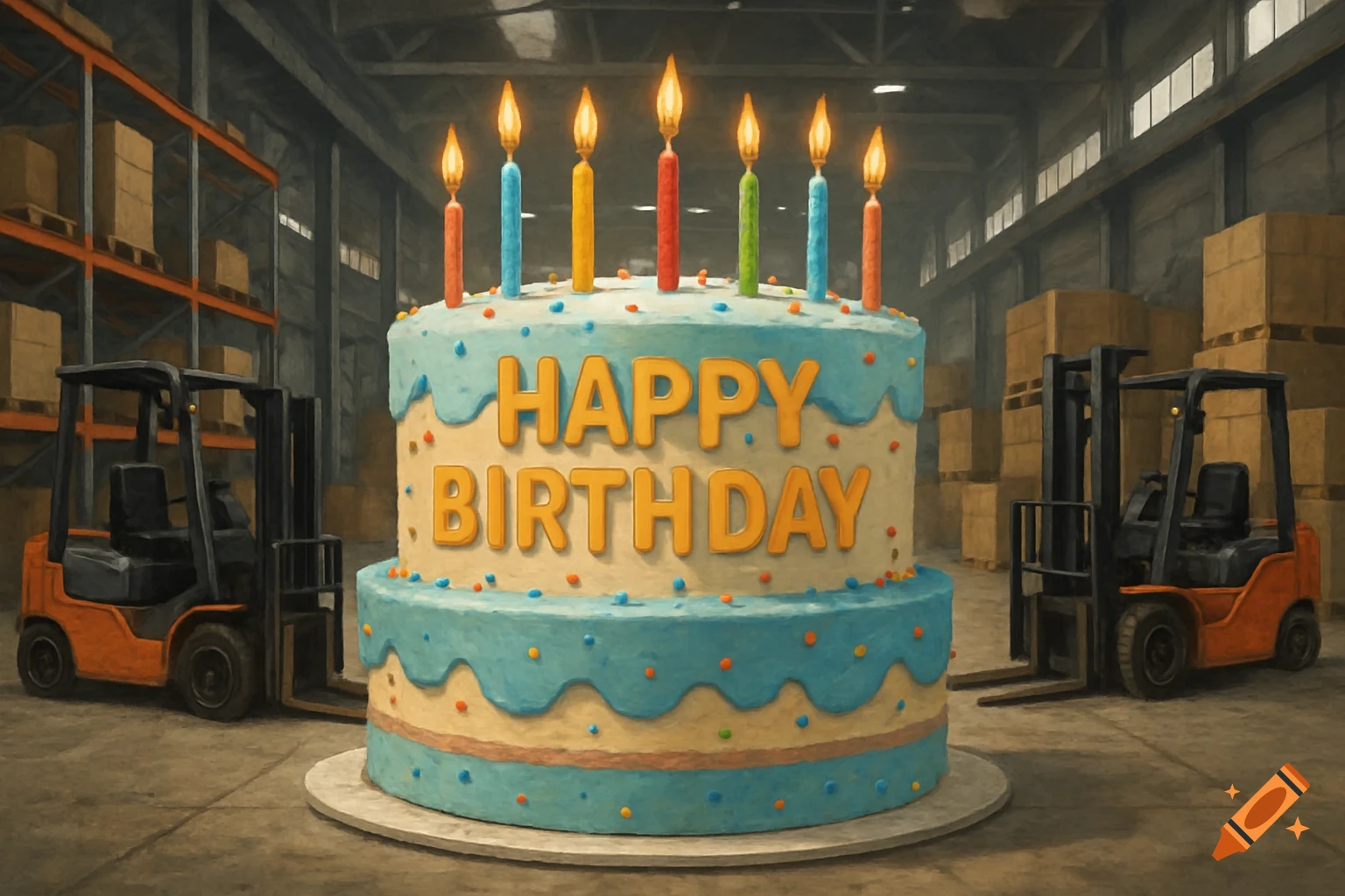 A two-tier birthday cake with "Happy Birthday" text and candles stands in a warehouse between two forklifts.