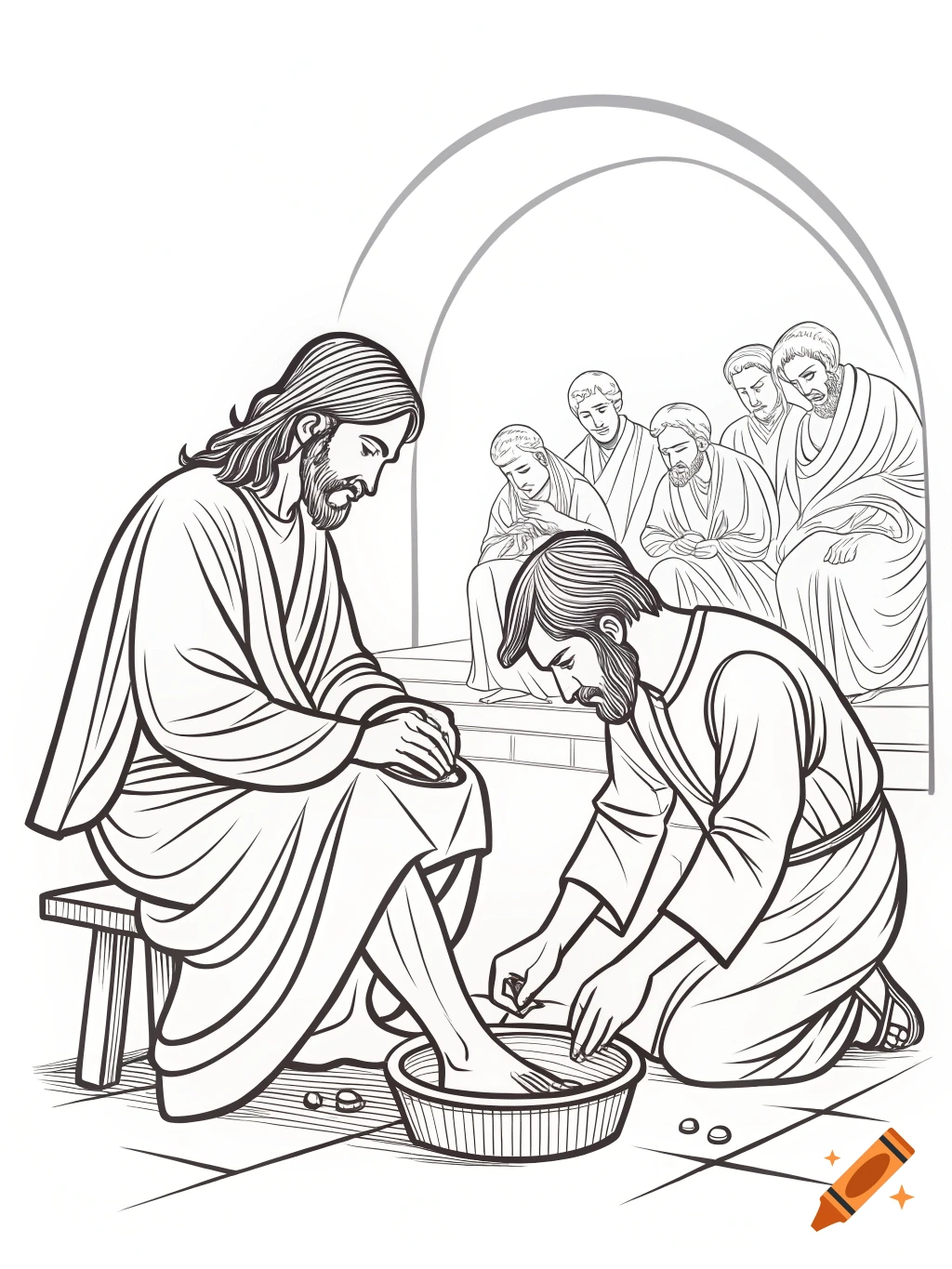 Line drawing of Jesus washing a disciple's feet while others watch.