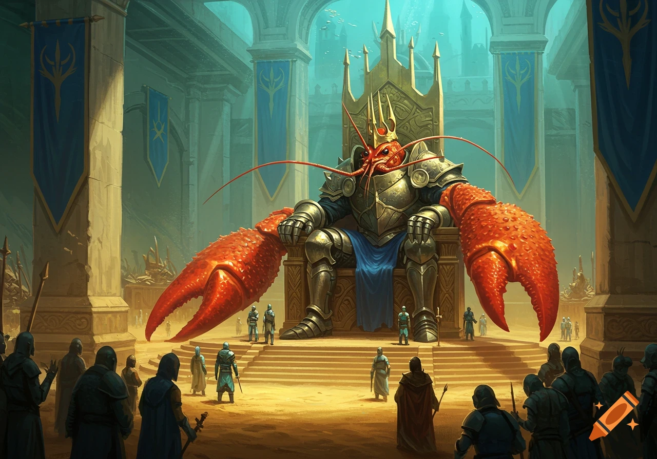 Giant armored crayfish king sits on a throne in an underwater castle throne room, surrounded by humanoids.