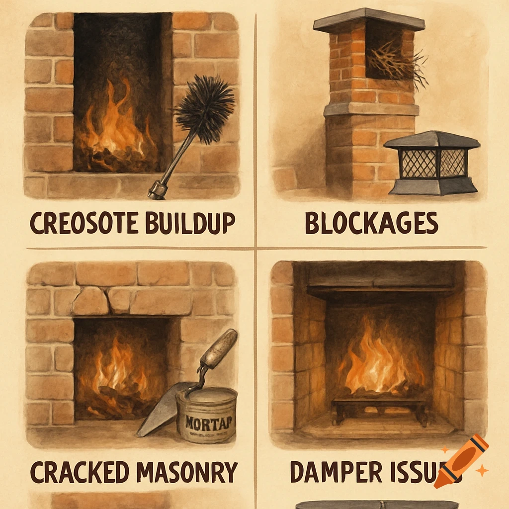 Illustration of common fireplace and chimney issues: creosote buildup, blockages, cracked masonry, and damper issues.