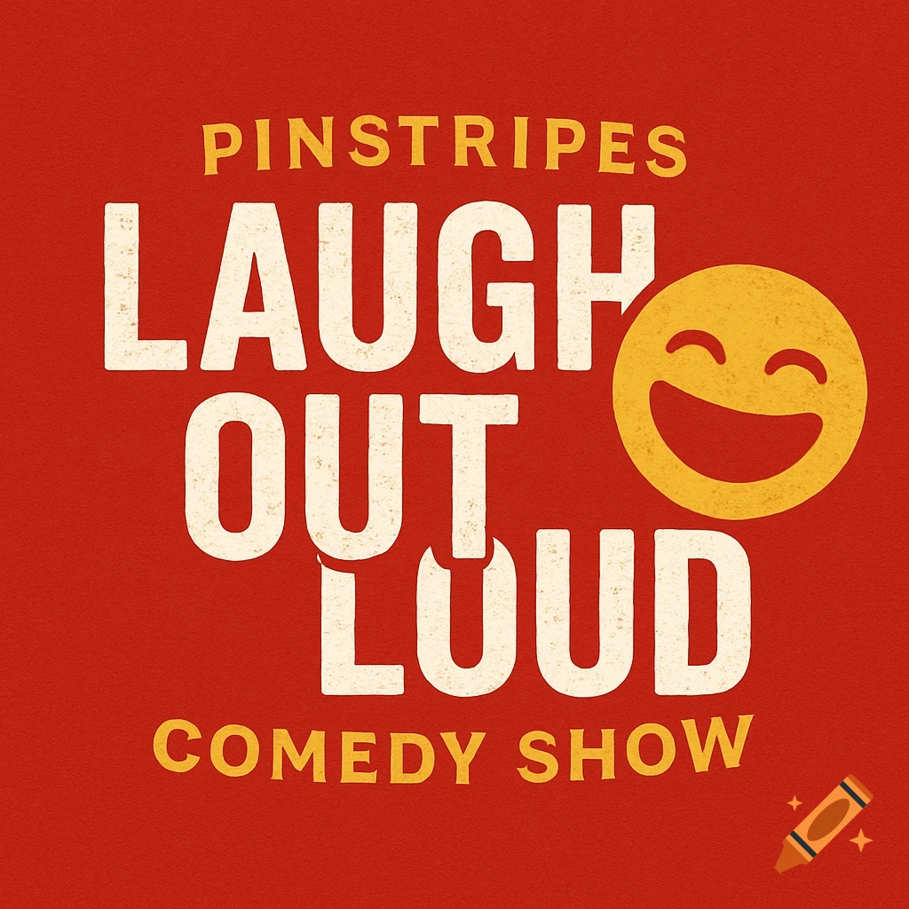 Logo for Pinstripes Laugh Out Loud Comedy Show with text and laughing emoji on red background.