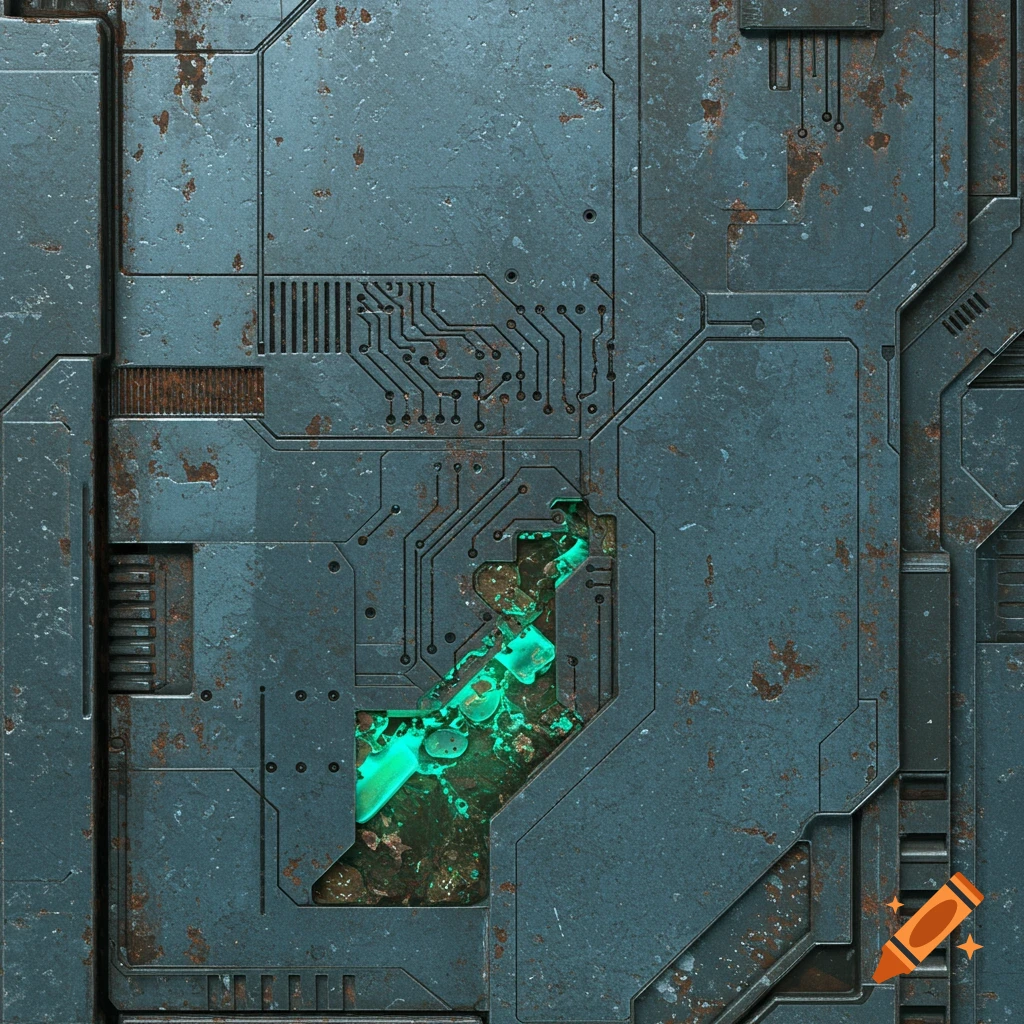 Close-up of a rusty sci-fi metallic texture with circuit patterns and a broken section showing glowing green liquid.