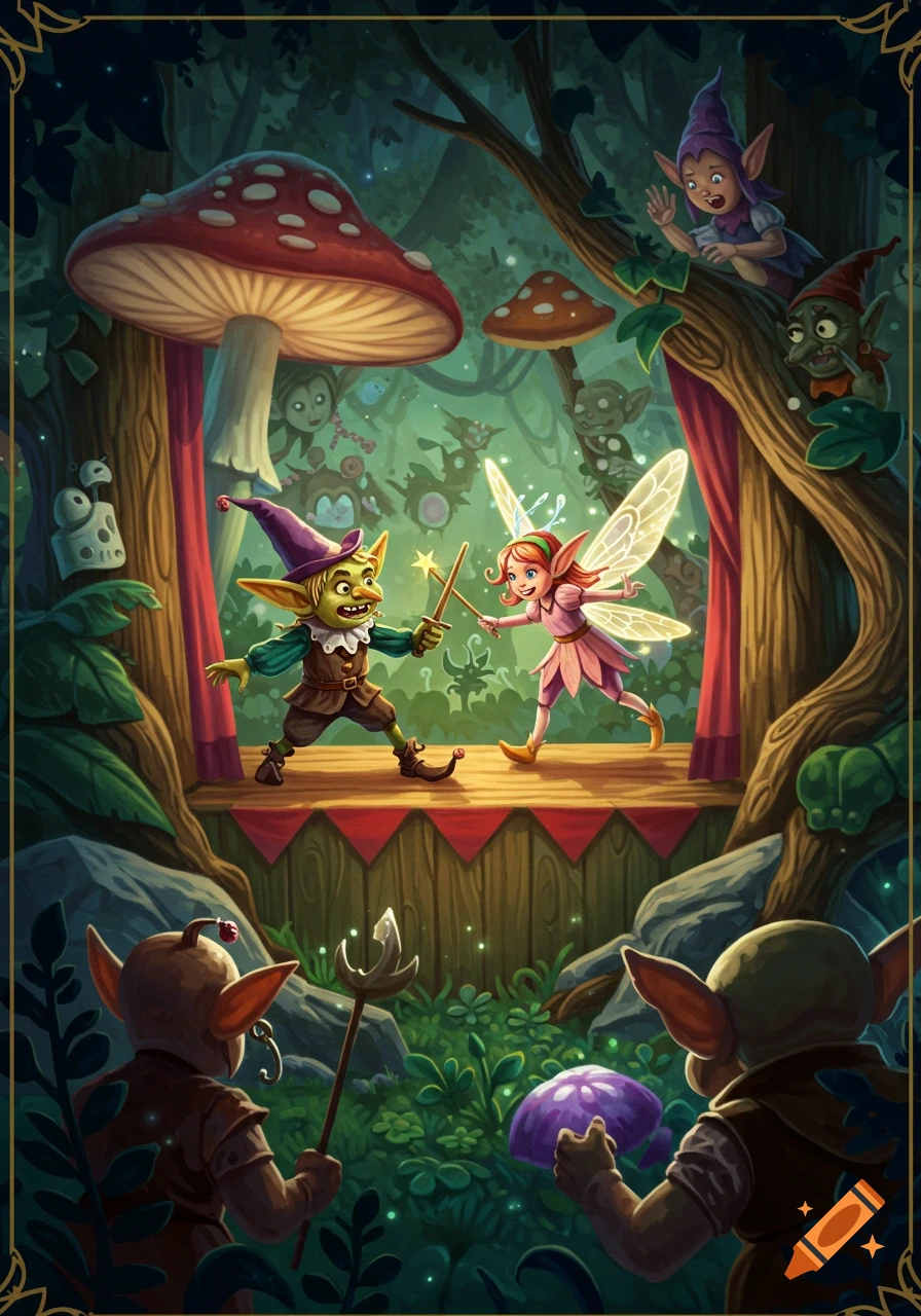 A fantasy forest scene where goblins and a fairy perform a puppet show on a wooden stage watched by other forest creatures.
