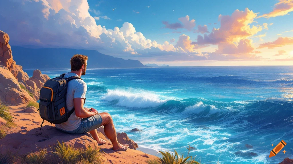 A person with a backpack sits on a cliff overlooking the ocean during sunset.