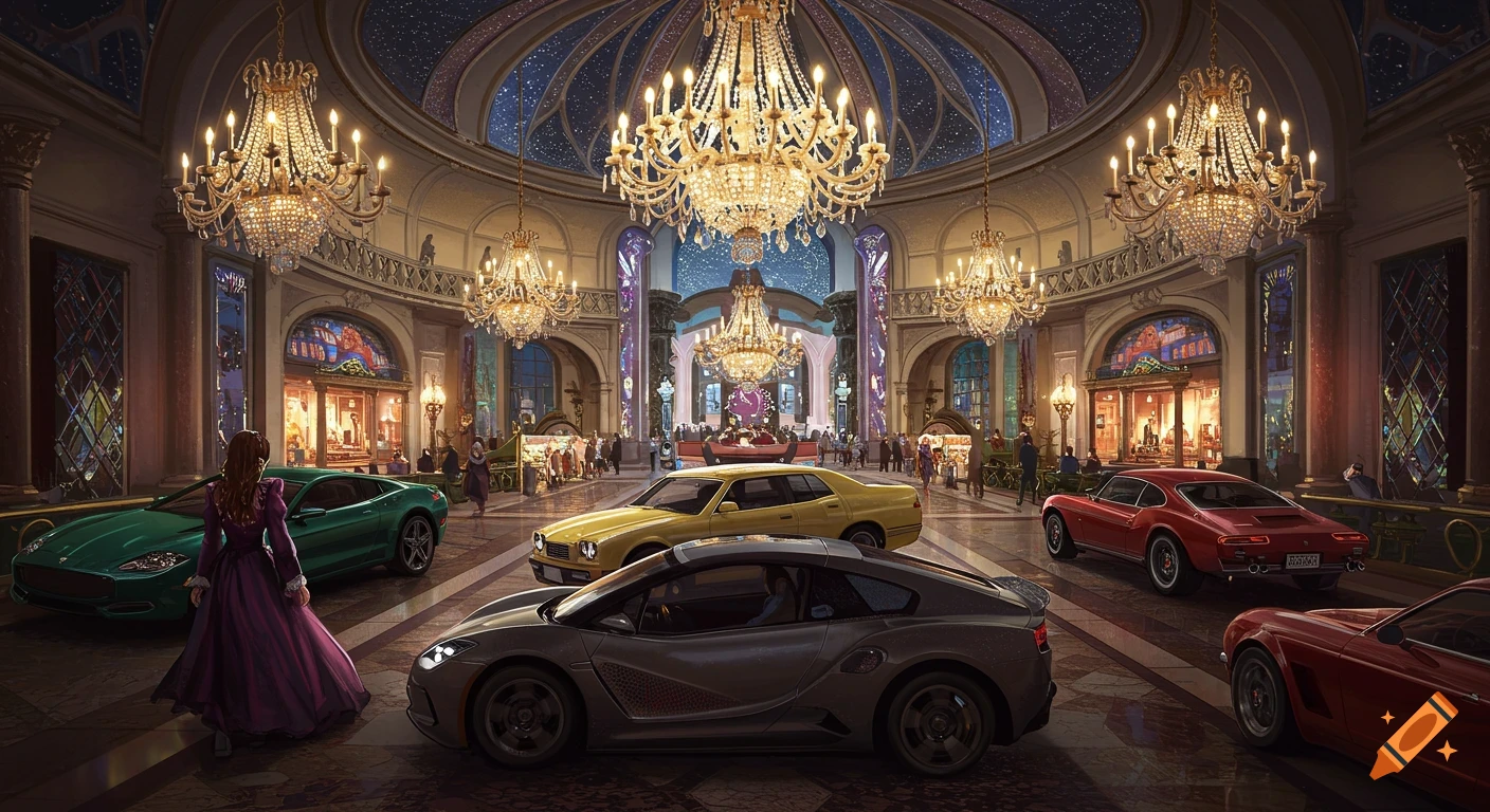 Classic and luxury cars parked in a grand hall with opulent chandeliers and people, in a detailed style.