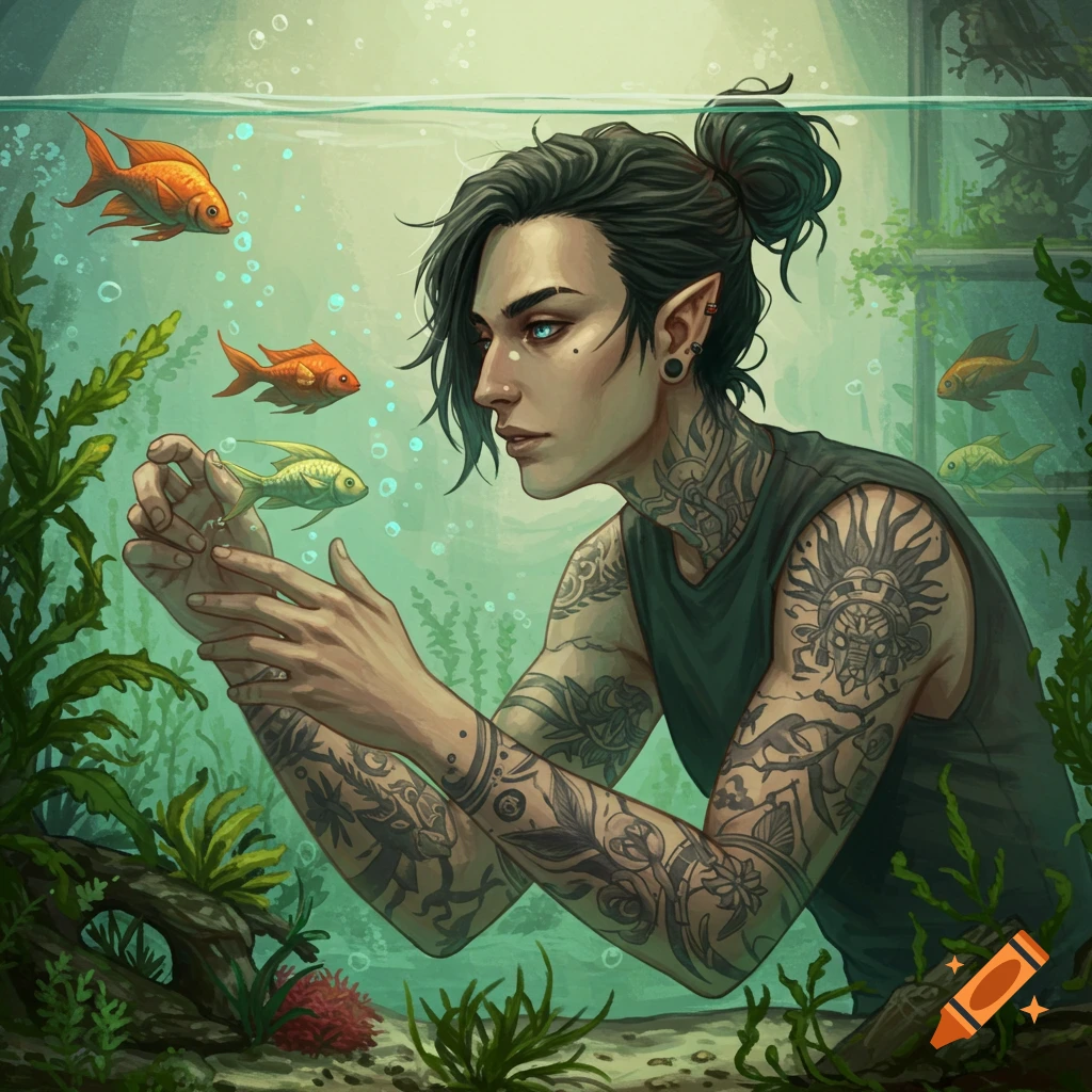 A person with tattoos holds a fish in an aquarium illustration.
