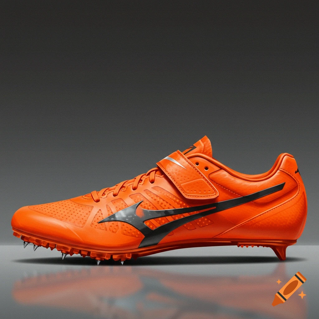 An orange track spike shoe with black accents, facing left.