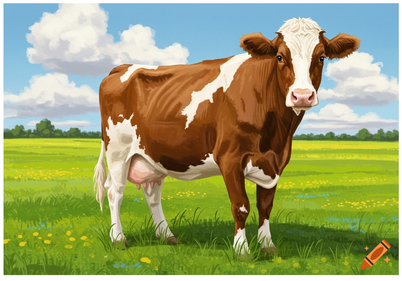 A brown and white cow stands in a grassy field under a blue sky with clouds, illustrated.