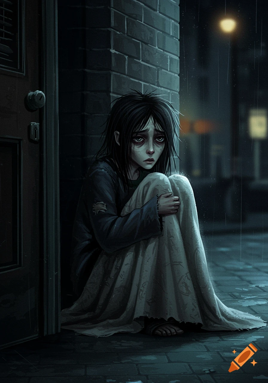 Sad teenager sits huddled outside on a rainy street.