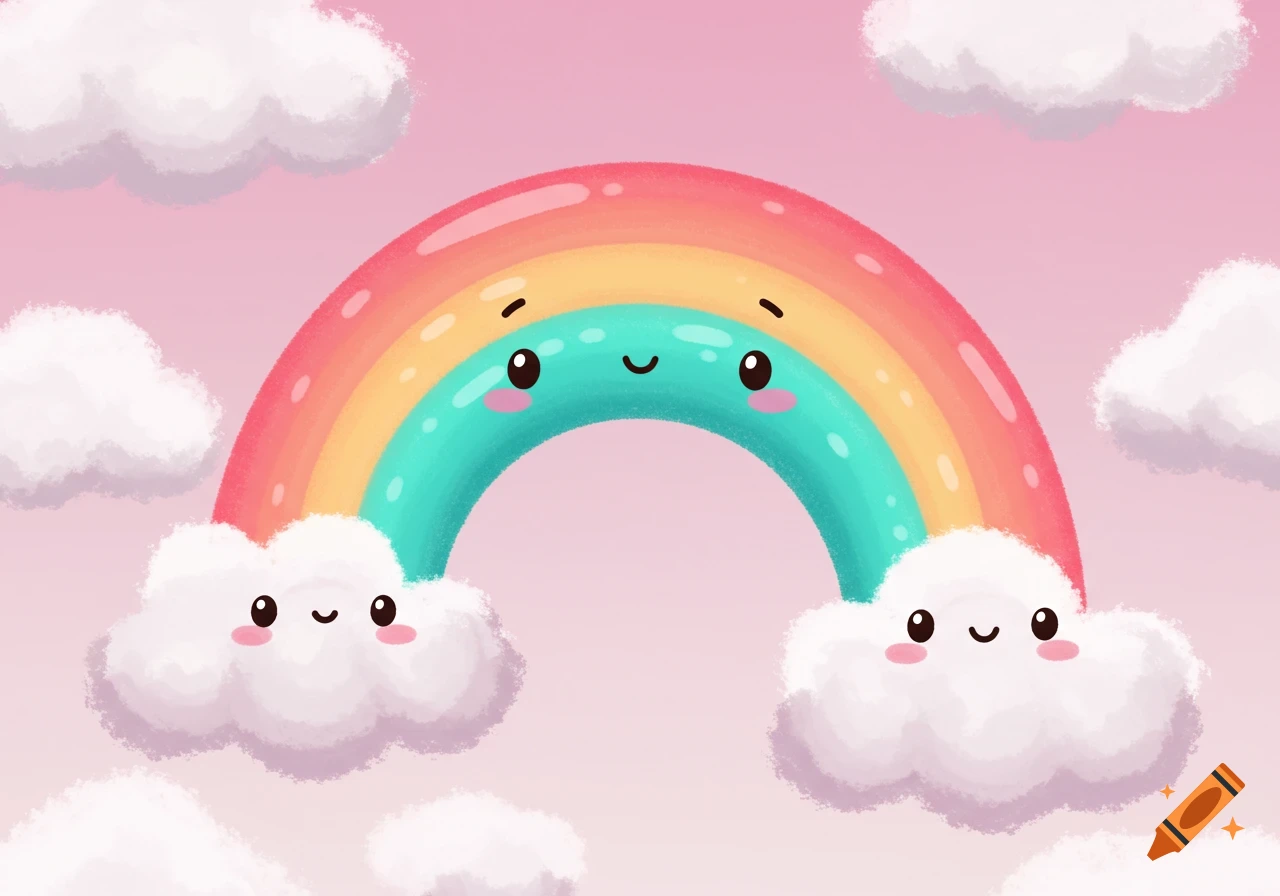 A cute cartoon rainbow with a smiling face arches between two smiling clouds against a pink sky.