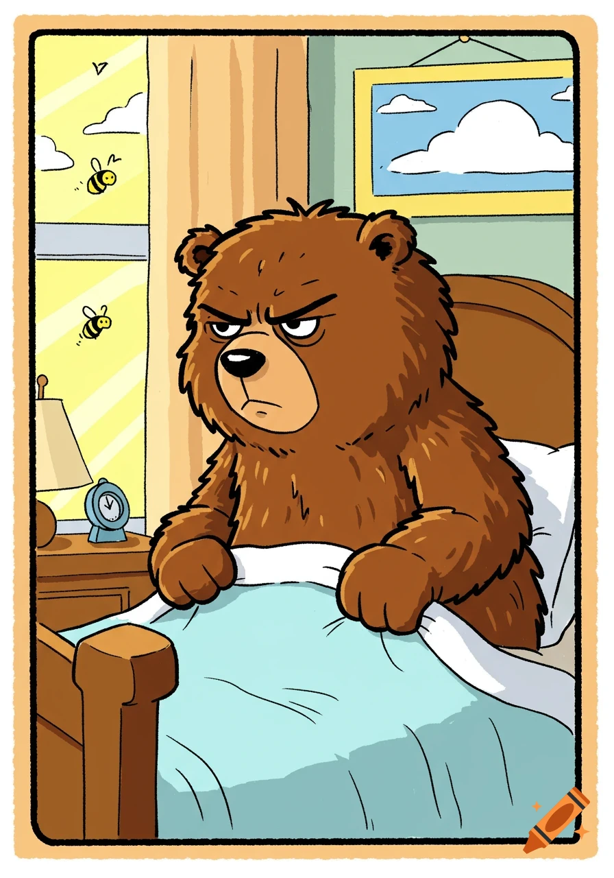 Cartoon bear looks grumpy sitting in bed.