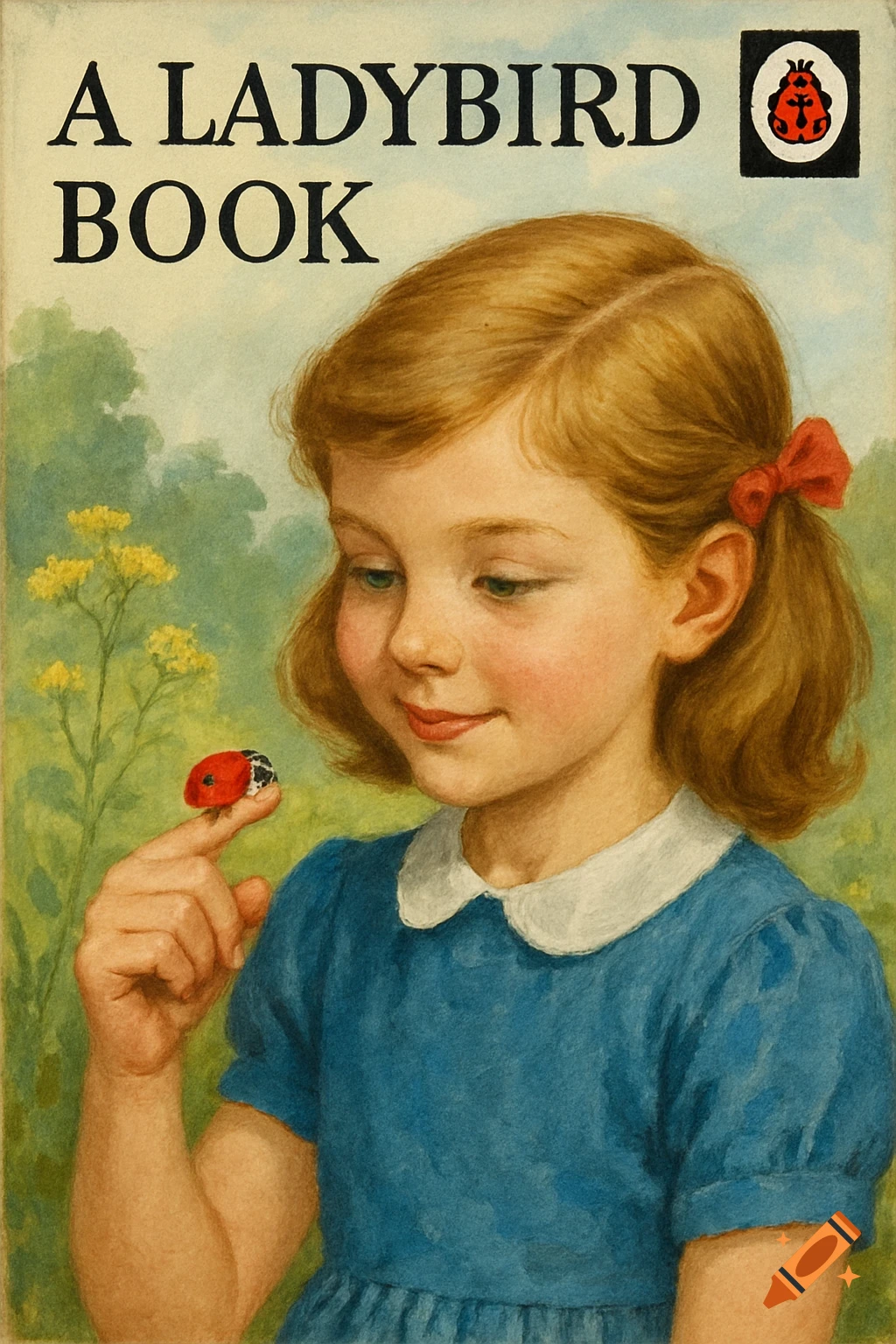 Girl in blue dress looking at a ladybug on her finger, illustrated in the style of a Ladybird book cover.