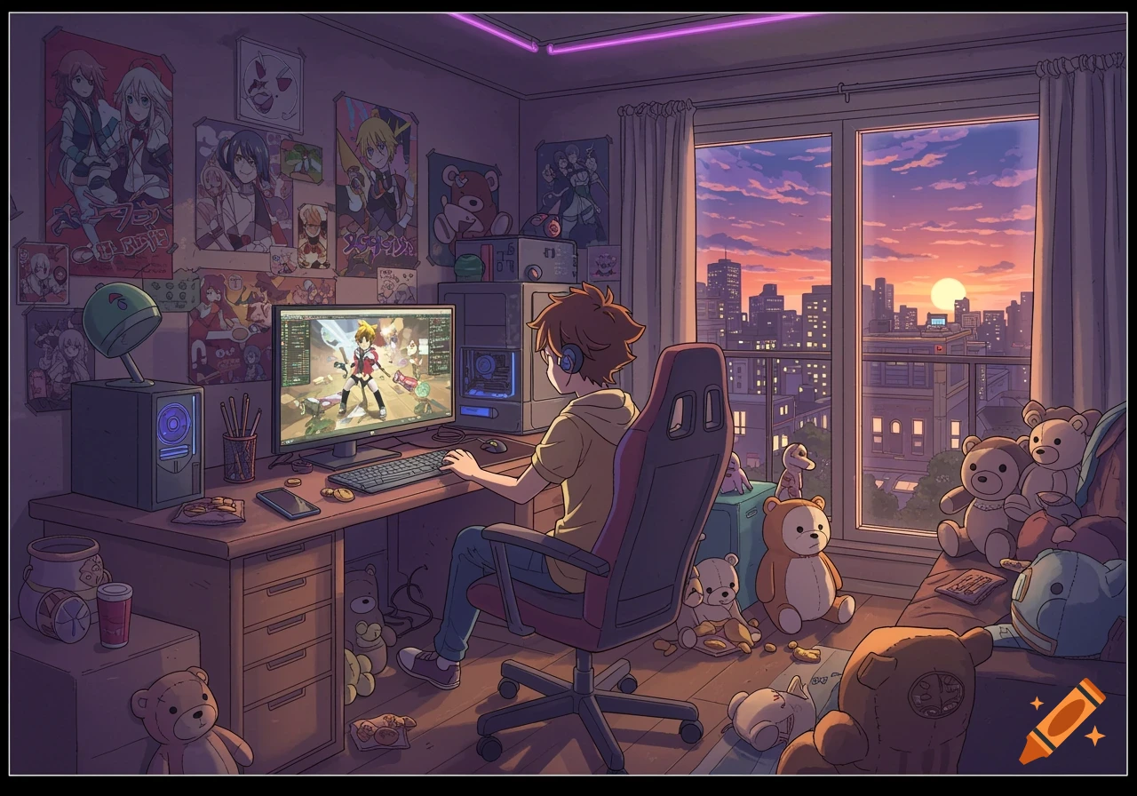 Anime boy plays video games in his room with stuffed animals, posters, and a city view at sunset.