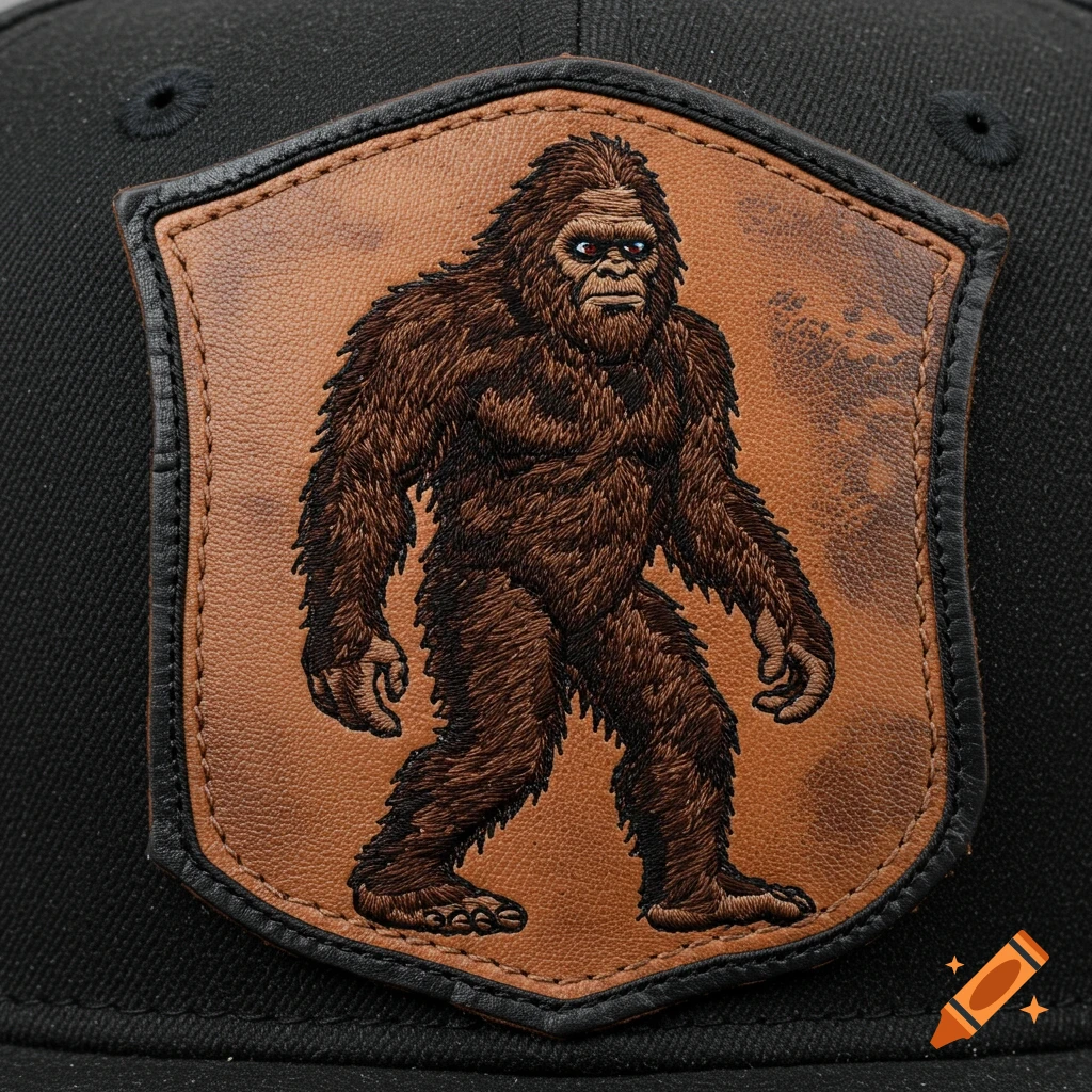 A hat patch with an embroidered Bigfoot figure on leather.