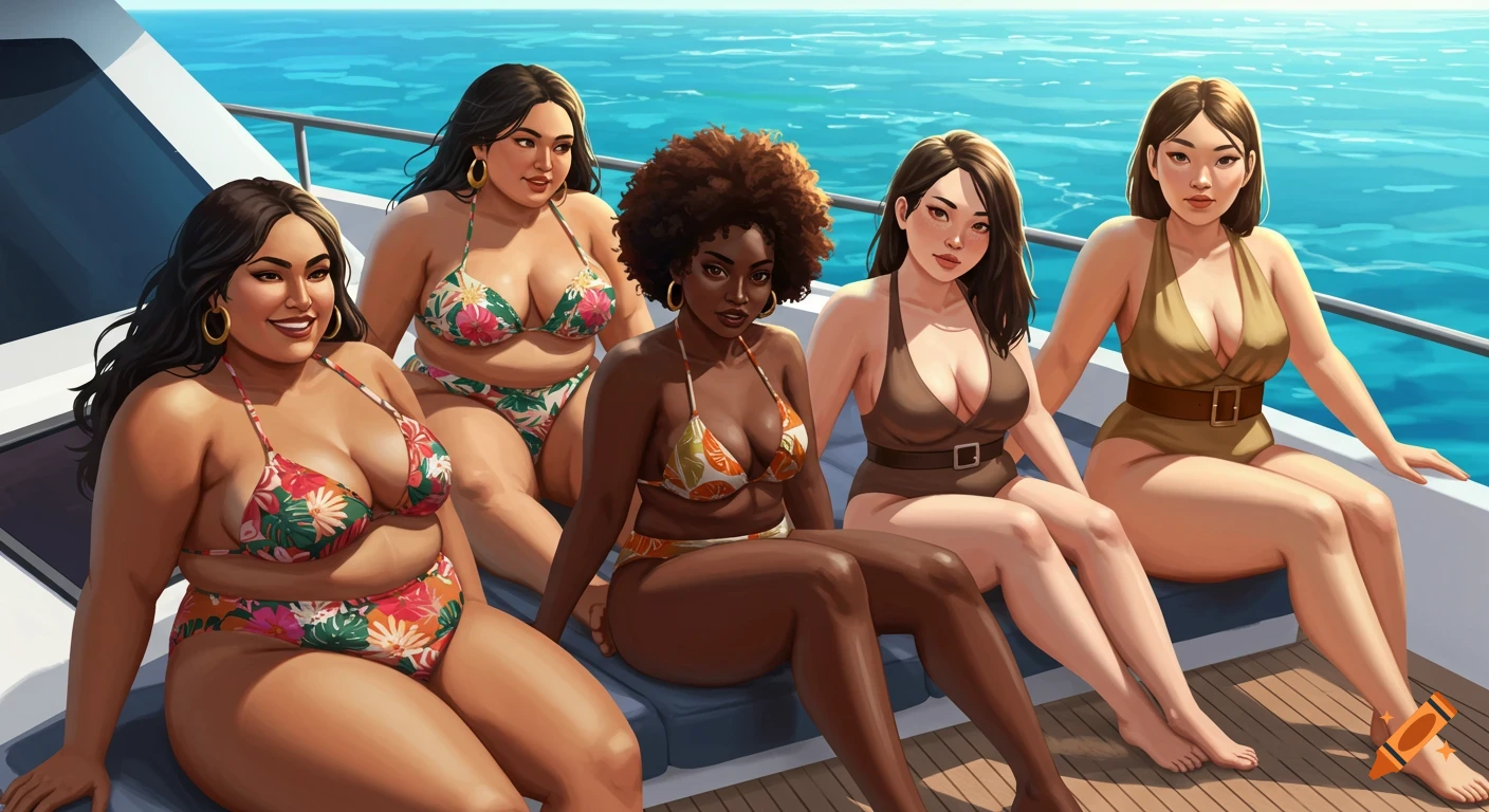 Illustration of diverse women in swimwear on a yacht.