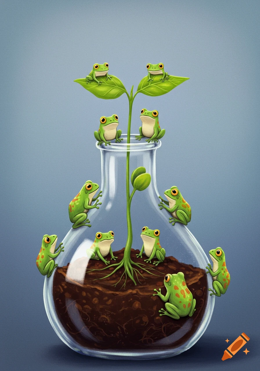 Illustration of several cute green frogs sitting on a plant growing in a science flask filled with soil.
