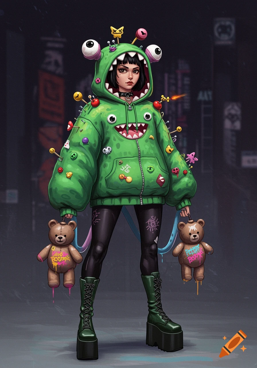 Illustration of a girl in a green monster hoodie holding teddy bears with gibberish text.