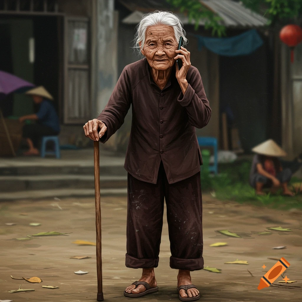 Elderly woman with wrinkled face holds a phone to her ear and leans on a cane.