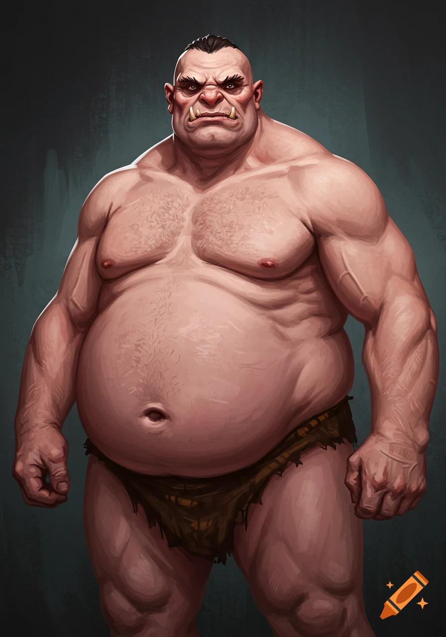 Digital illustration of a large, muscular orc with tusks and a pot belly, wearing a loincloth.
