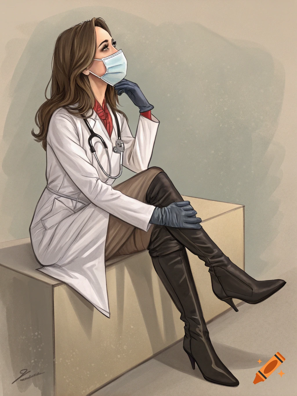 Illustration of a female doctor in a lab coat, mask, gloves, and thigh-high boots sitting with legs crossed.