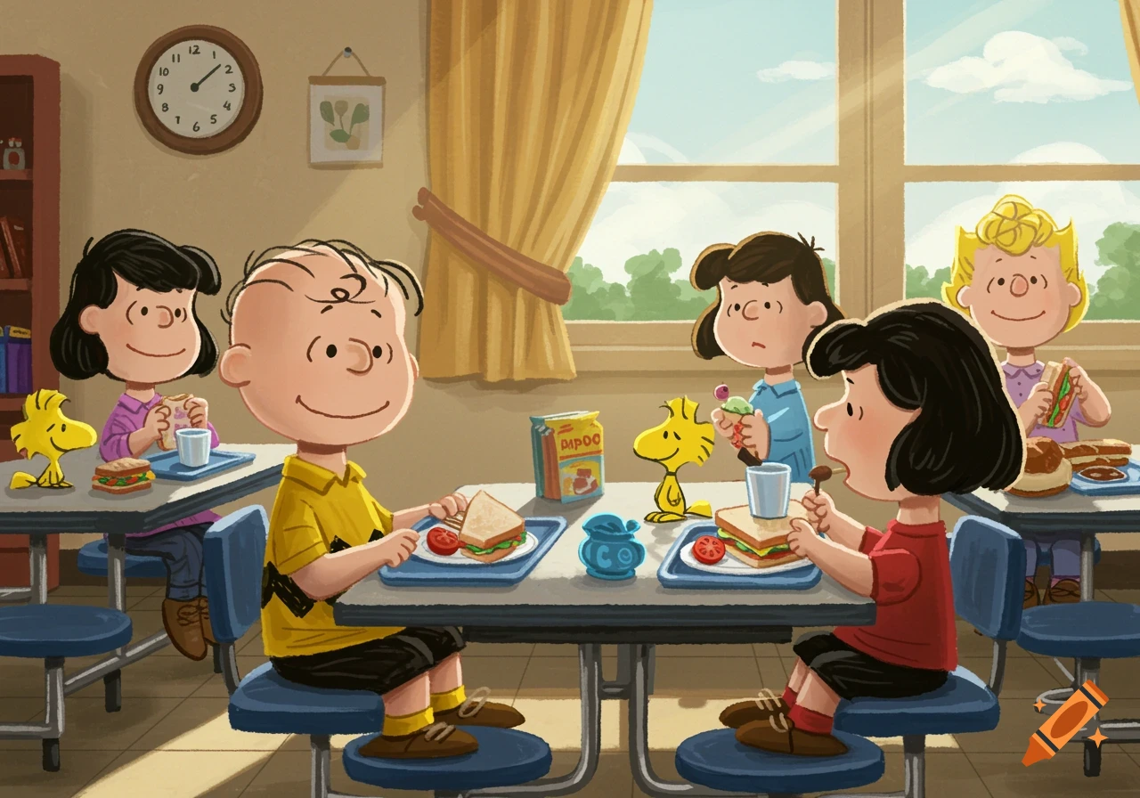 Charlie Brown and friends eating lunch at tables in a school cafeteria.
