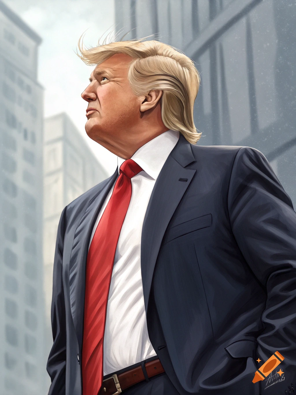 Illustration of Donald Trump in a suit and red tie looking up against a city background.