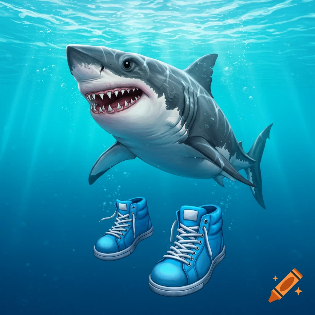 An illustrated shark swims underwater near two blue sneakers.