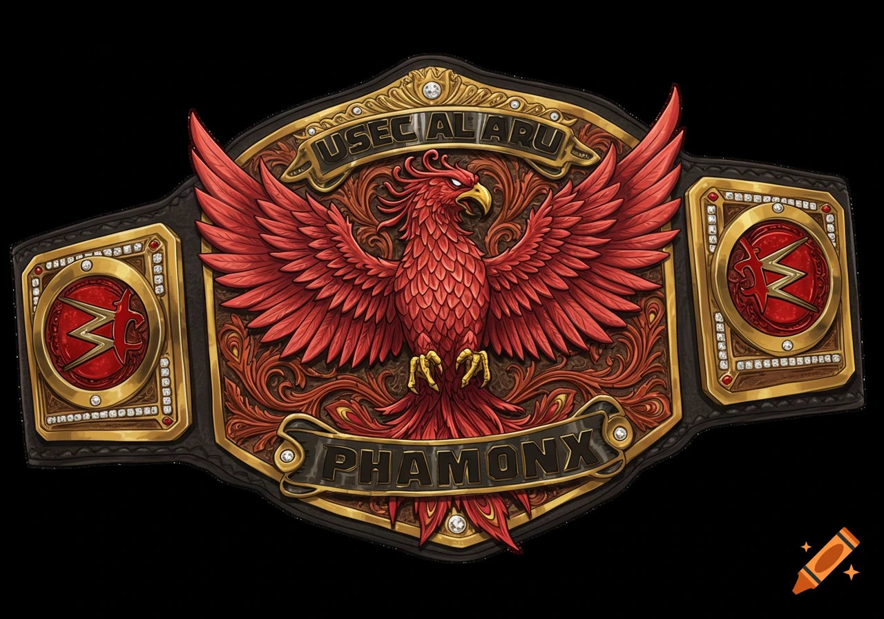 Detailed golden and black wrestling belt with a prominent red phoenix and side plates.