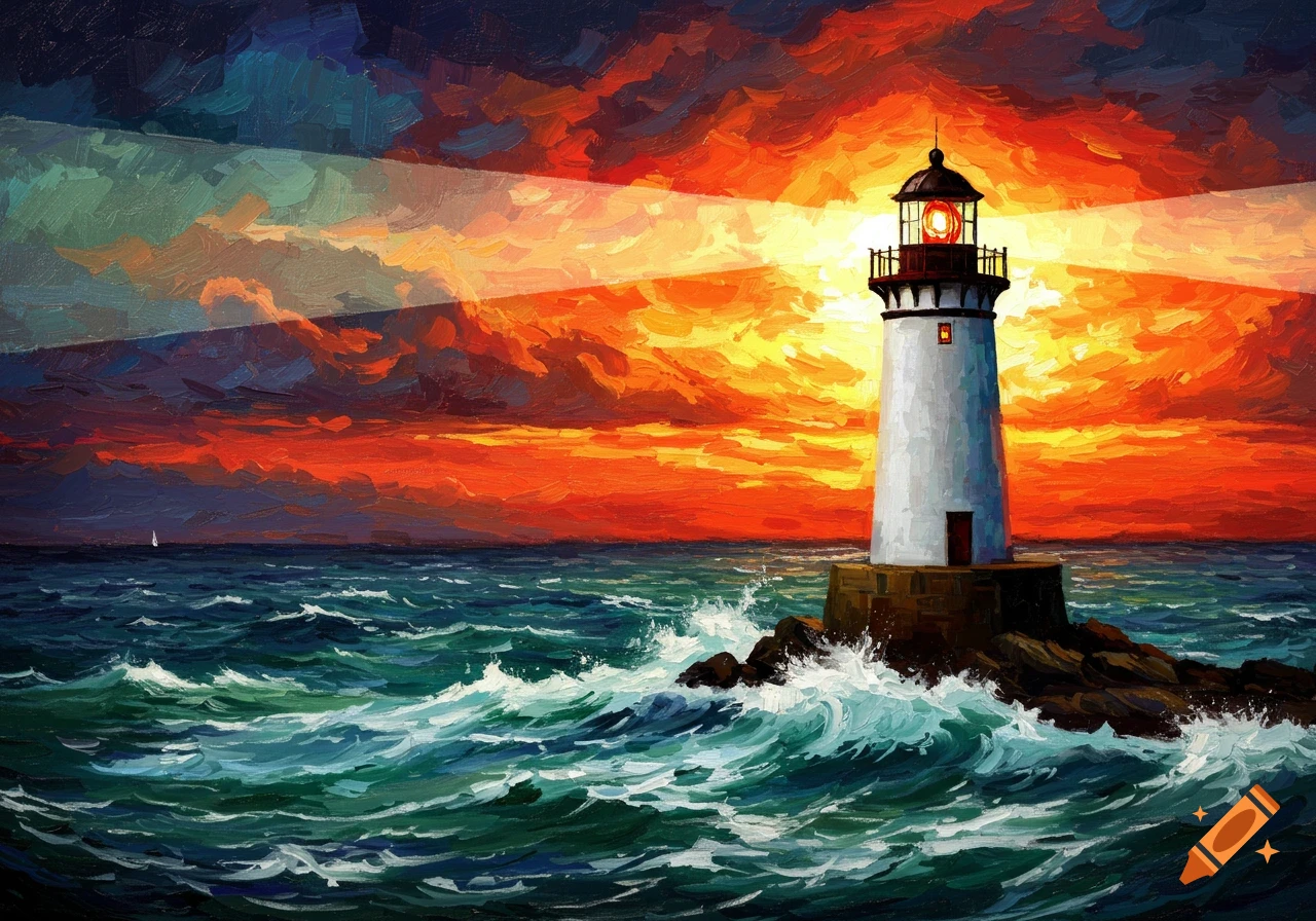 Expressionist painting of a lighthouse on rocks by the ocean at sunset.