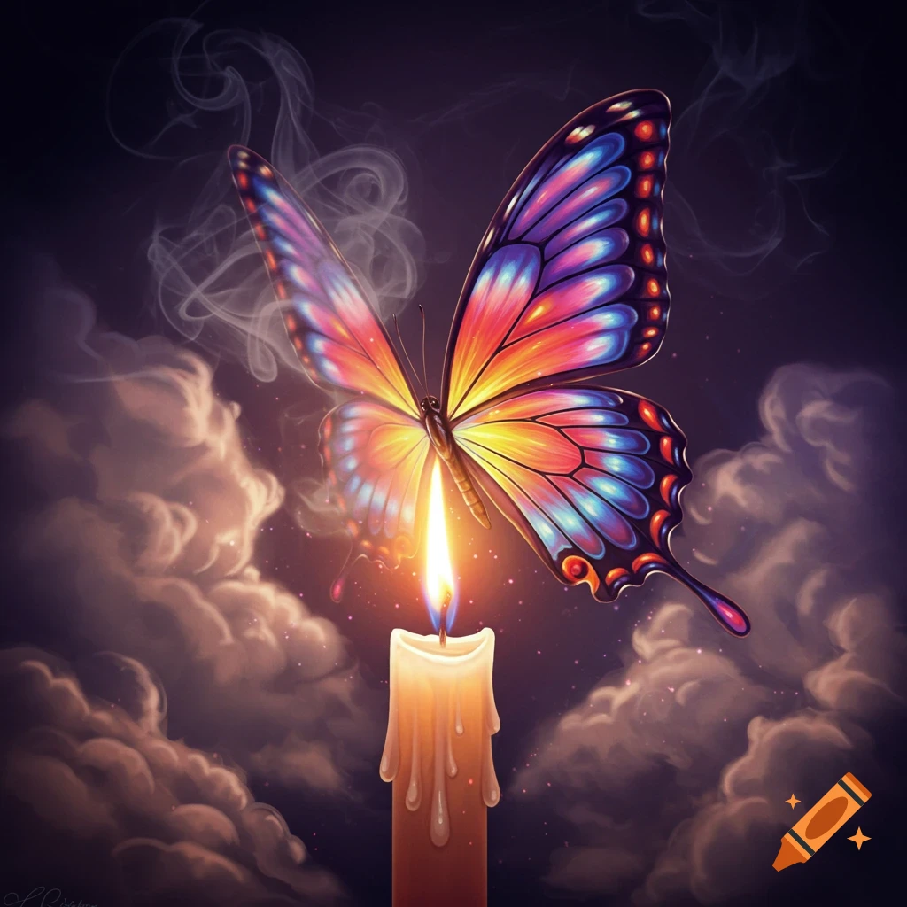 A vibrant butterfly flies above a lit candle in a smoky, cloudy sky.