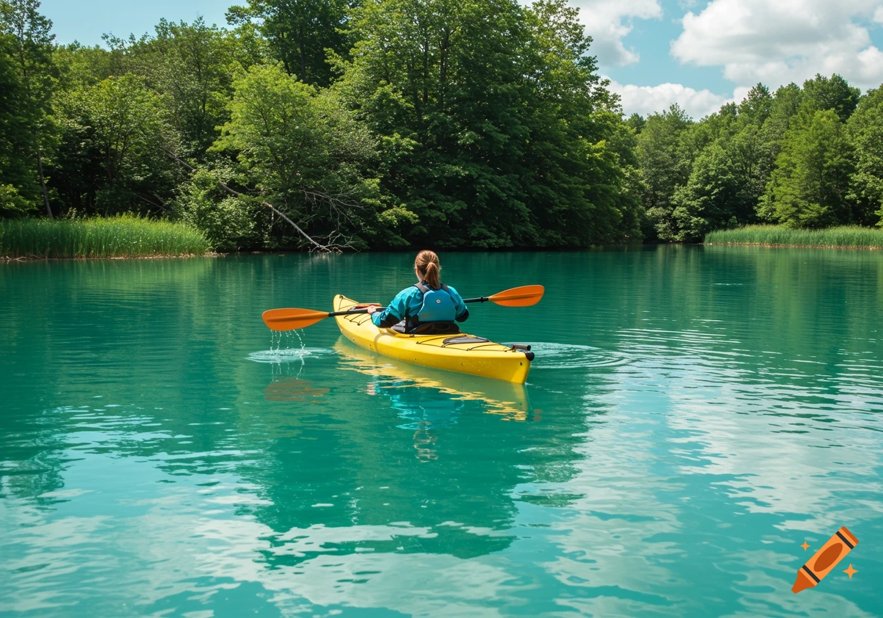 A person kayaks on a vibrant turquoise lake surrounded by green trees.