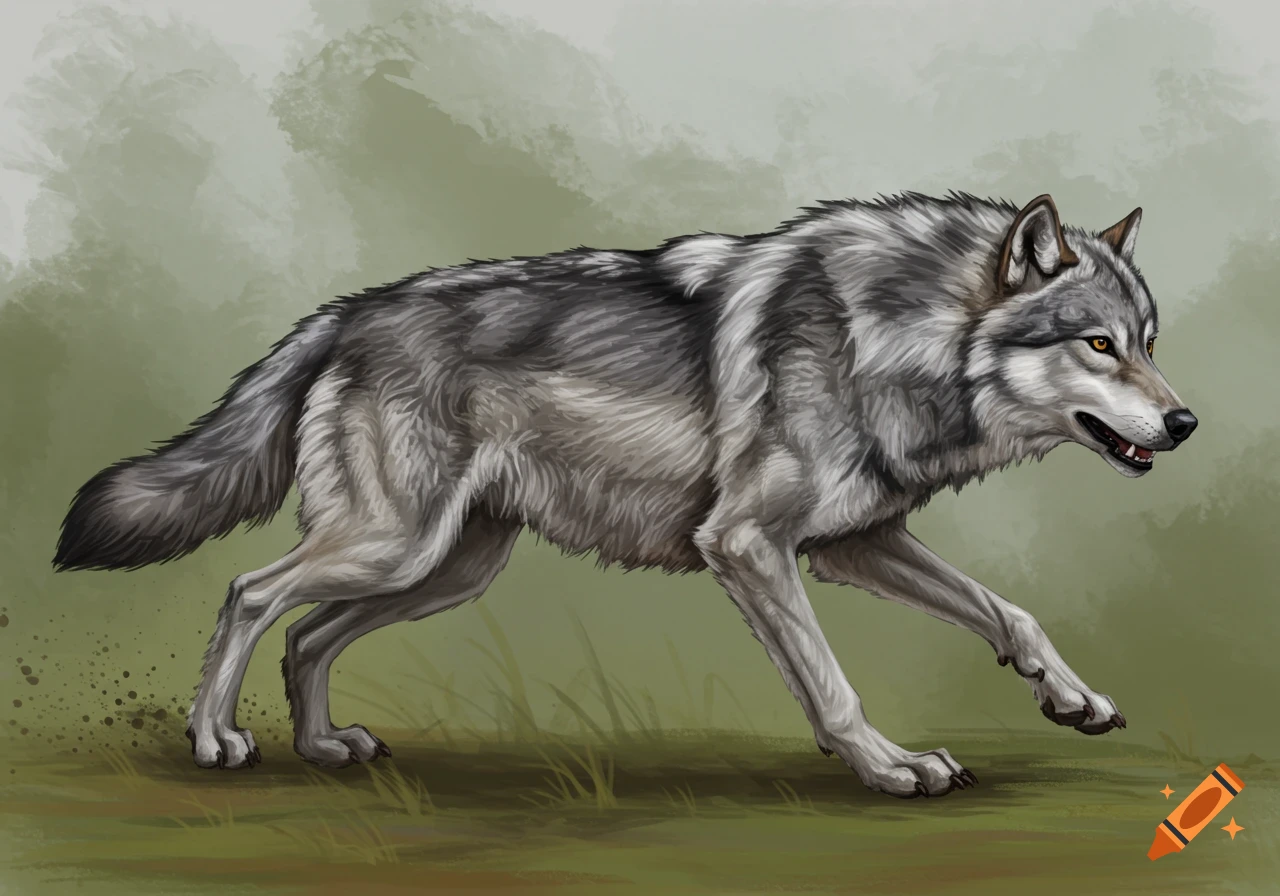 Illustration of a gray wolf running to the right.