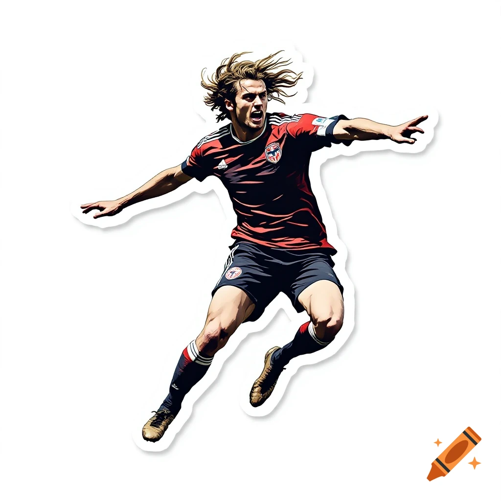 A sticker illustration of a male soccer player in a vintage-style red and blue uniform celebrating a goal.