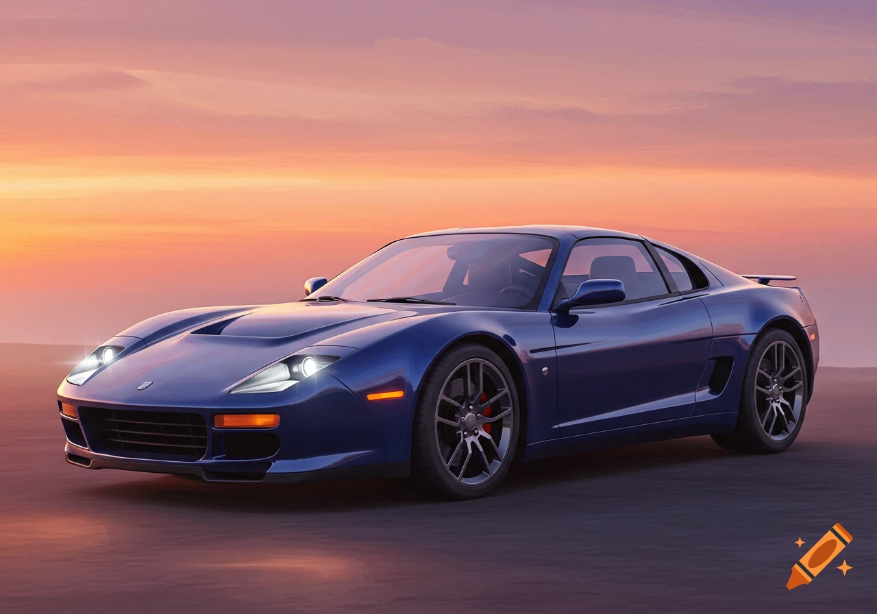 A blue sports car parked under a colorful sunset sky.