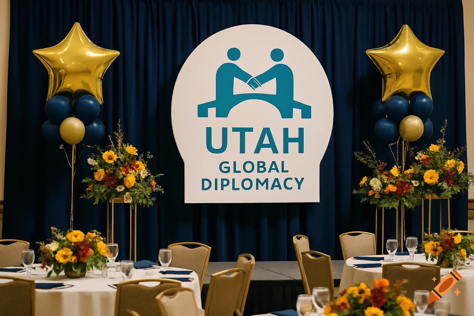 Event setup with a large Utah Global Diplomacy logo on a stage, flanked by balloons and floral arrangements, with round tables in the foreground.
