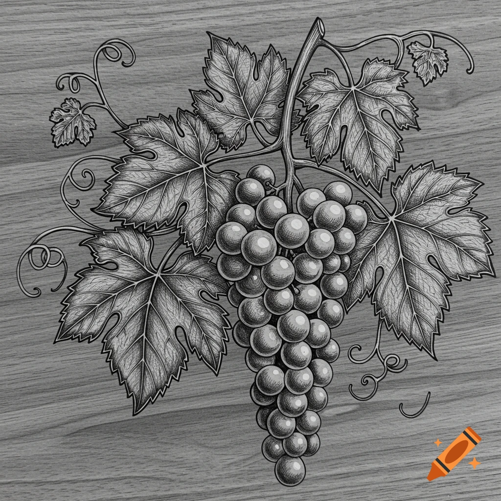 Grayscale drawing of grapes, leaves, and vines on a wood background.