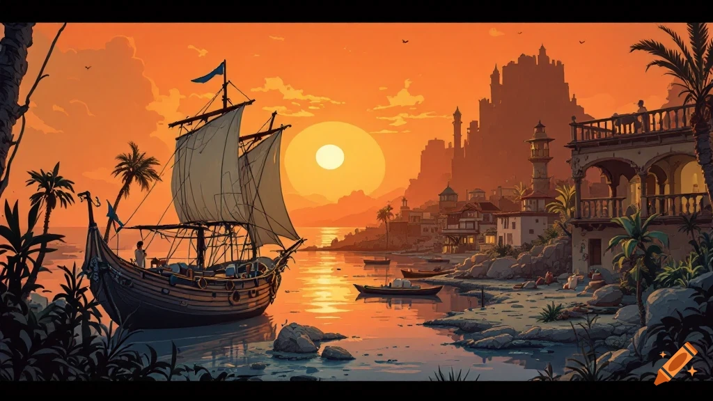 Sailing ship approaching a fantasy coastal city at sunset in an illustrated style.