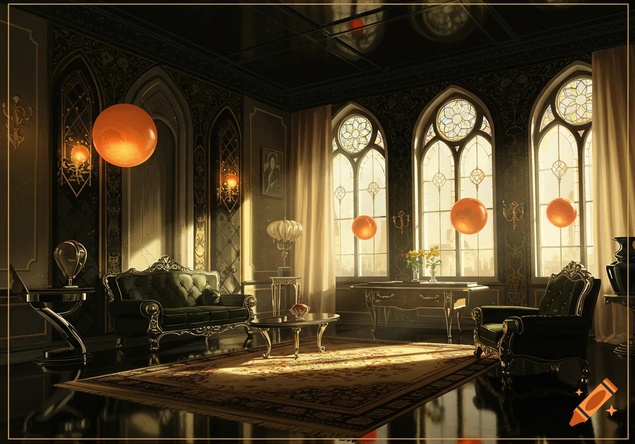 Luxurious gothic room with retro-futuristic floating orange spheres and sunlight streaming through stained-glass windows.
